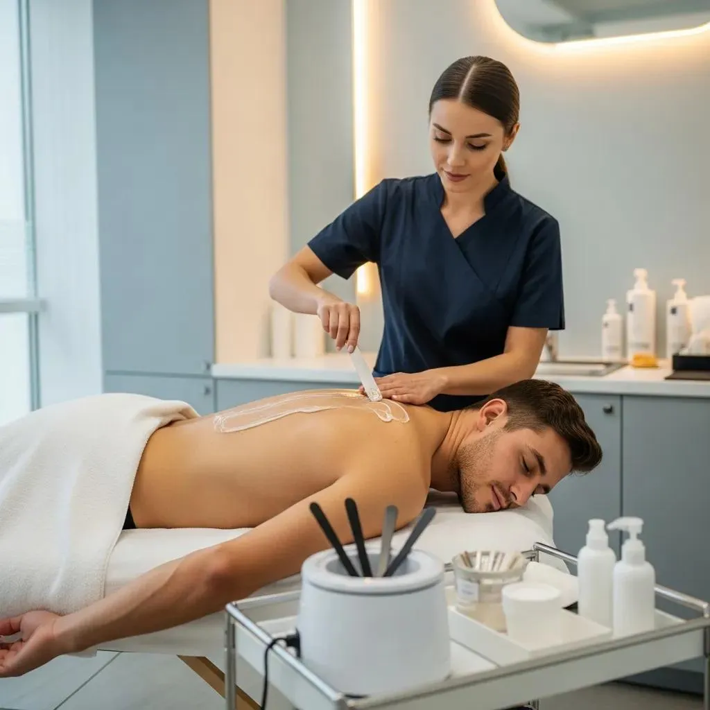 Male client receiving back waxing in a modern, private salon room